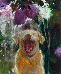 Dog labrador retriever under Lilacs in rain Downpour - Jamie Wyeth print